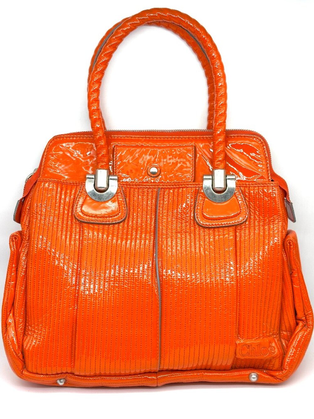 Chloe Heloise Quilted Patent Leather Large Tote Satchel Bag Orange